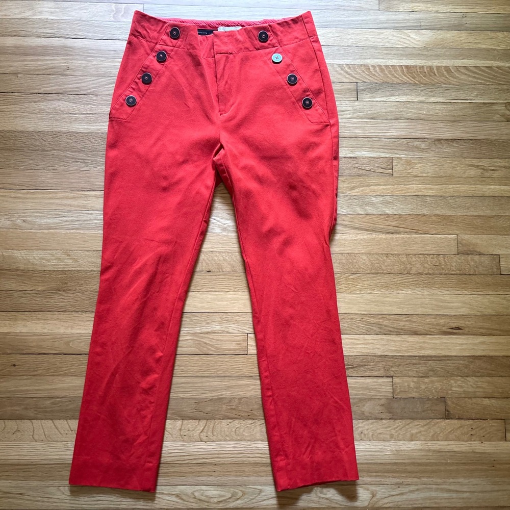 Anthropologie Essential Slim Trousers Button Front Pants Womens 6 Red High Rise